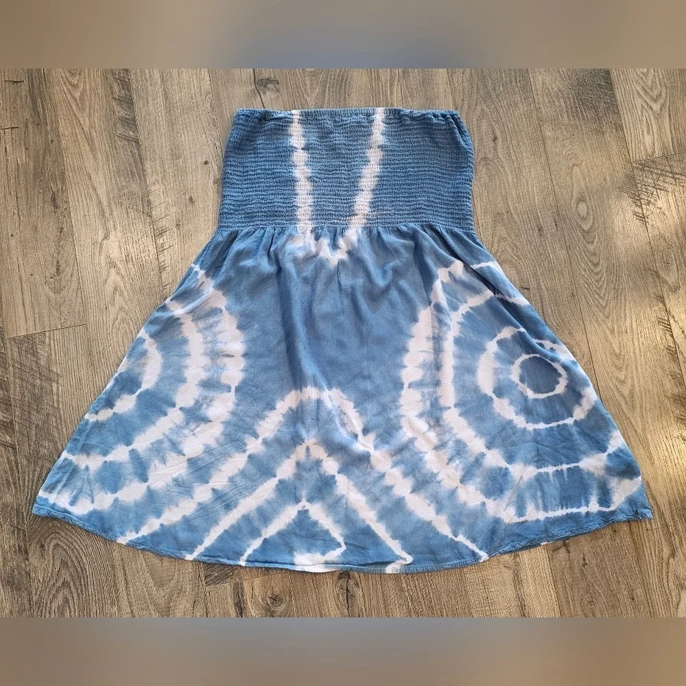 Women's‎ 1X Blue White Tie-Dye Dress Strapless Smocking Beachy Hippie Vacation